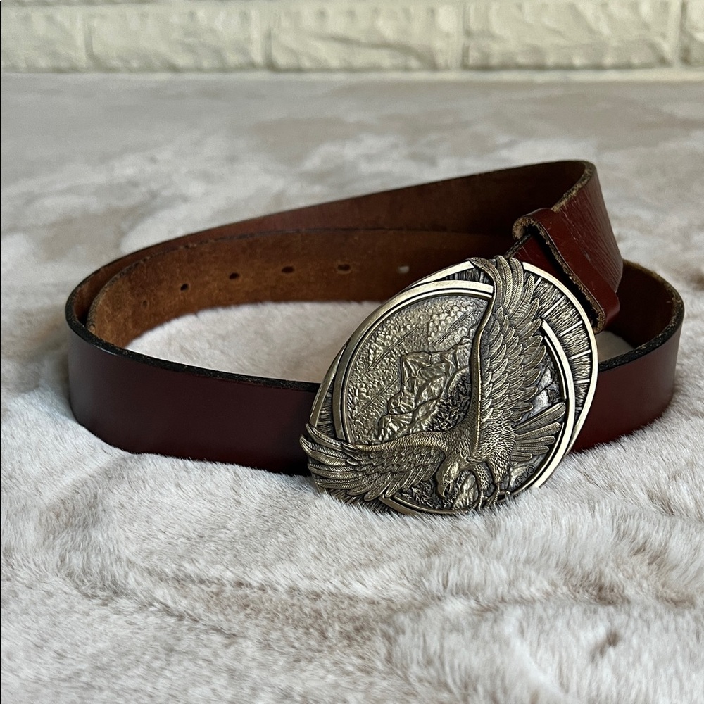Brown Leather Belt with Brass Eagle Buckle